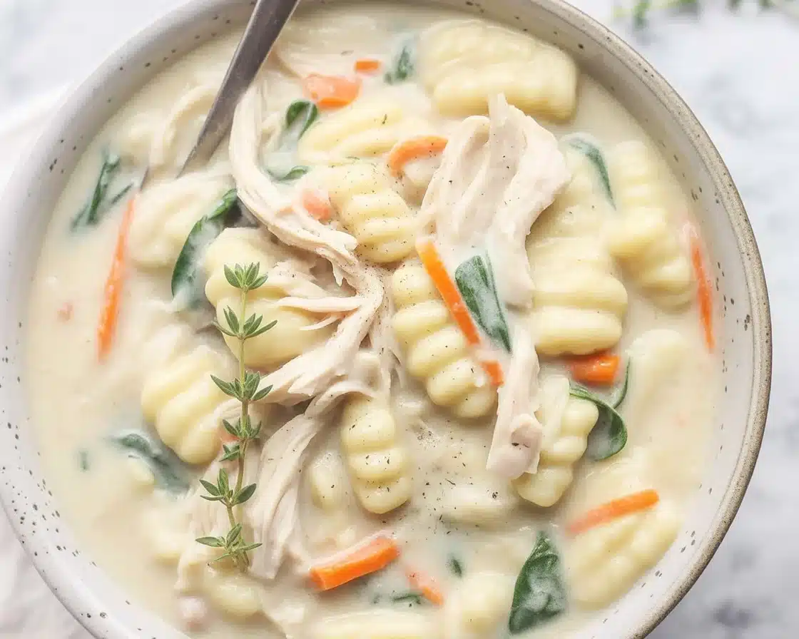 Savor the Comfort: Easy Olive Garden Chicken Gnocchi Soup Recipe 1 Bowl of Olive Garden Chicken Gnocchi Soup with chicken, gnocchi, and spinach.