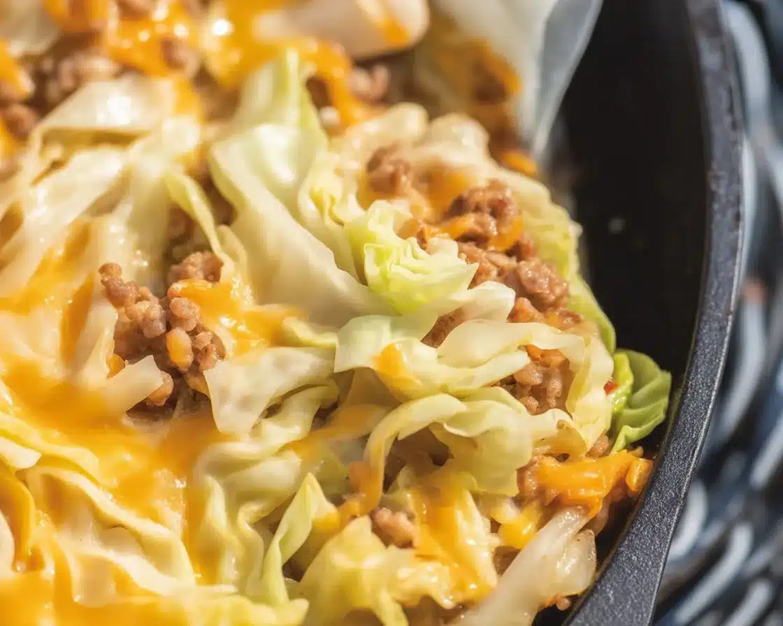 Delicious keto cabbage casserole served with bacon and garlic in a skillet.