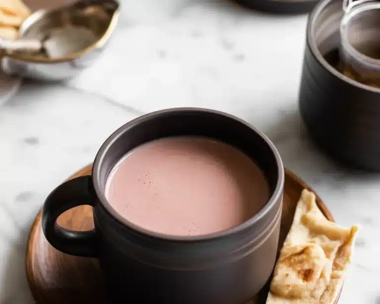 A steaming cup of Kashmiri Chai with pink hues and aromatic spices