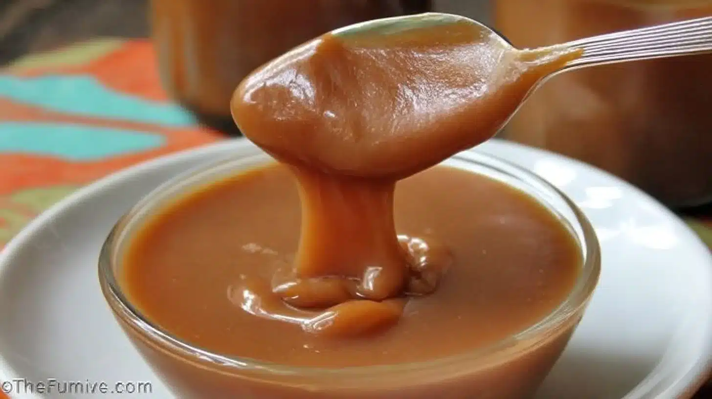Creamy slow cooker caramel sauce ready for drizzling over desserts