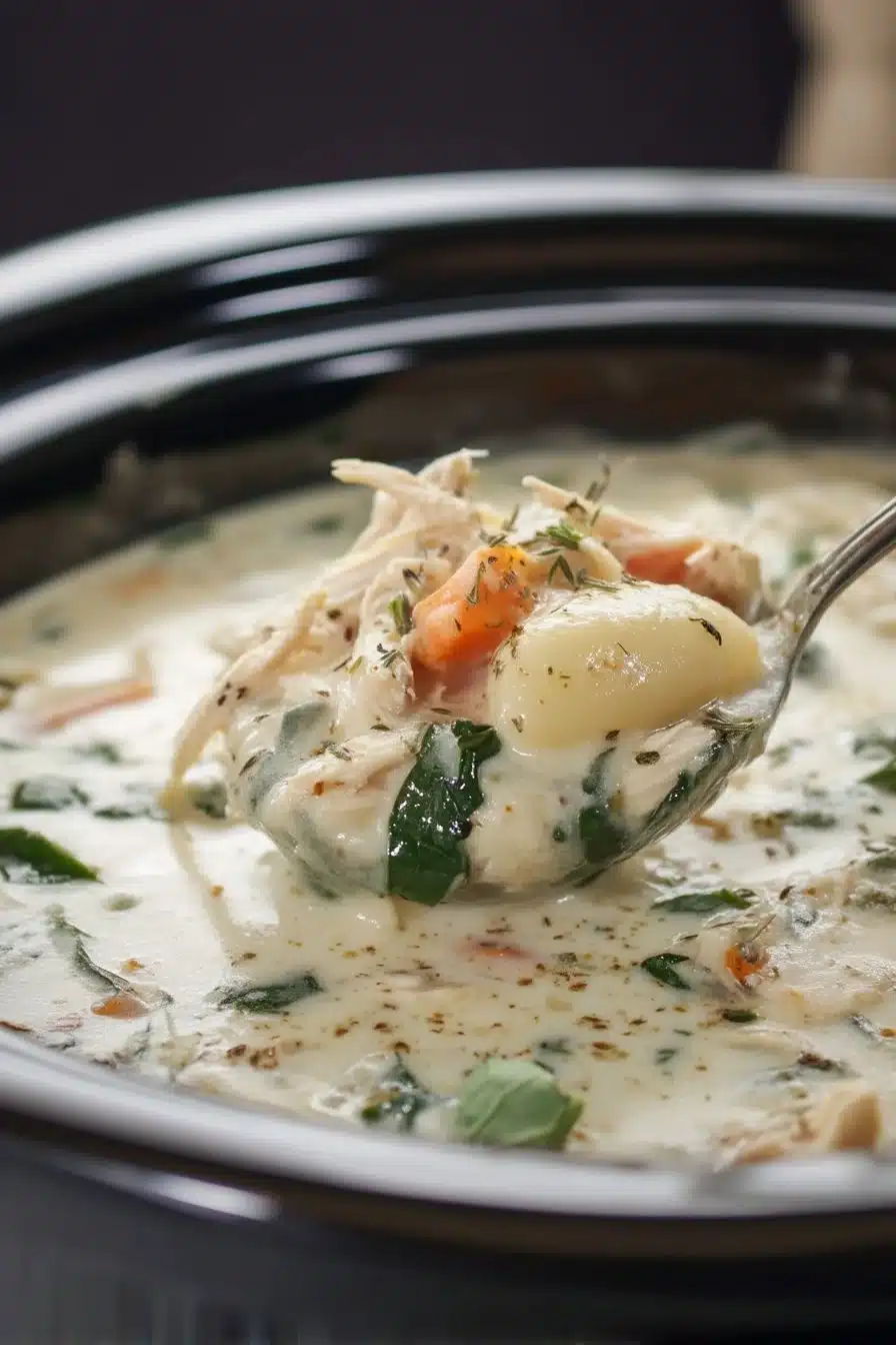 Slow Cooker Chicken Gnocchi Soup 1 Bowl of slow cooker chicken gnocchi soup with herbs and vegetables