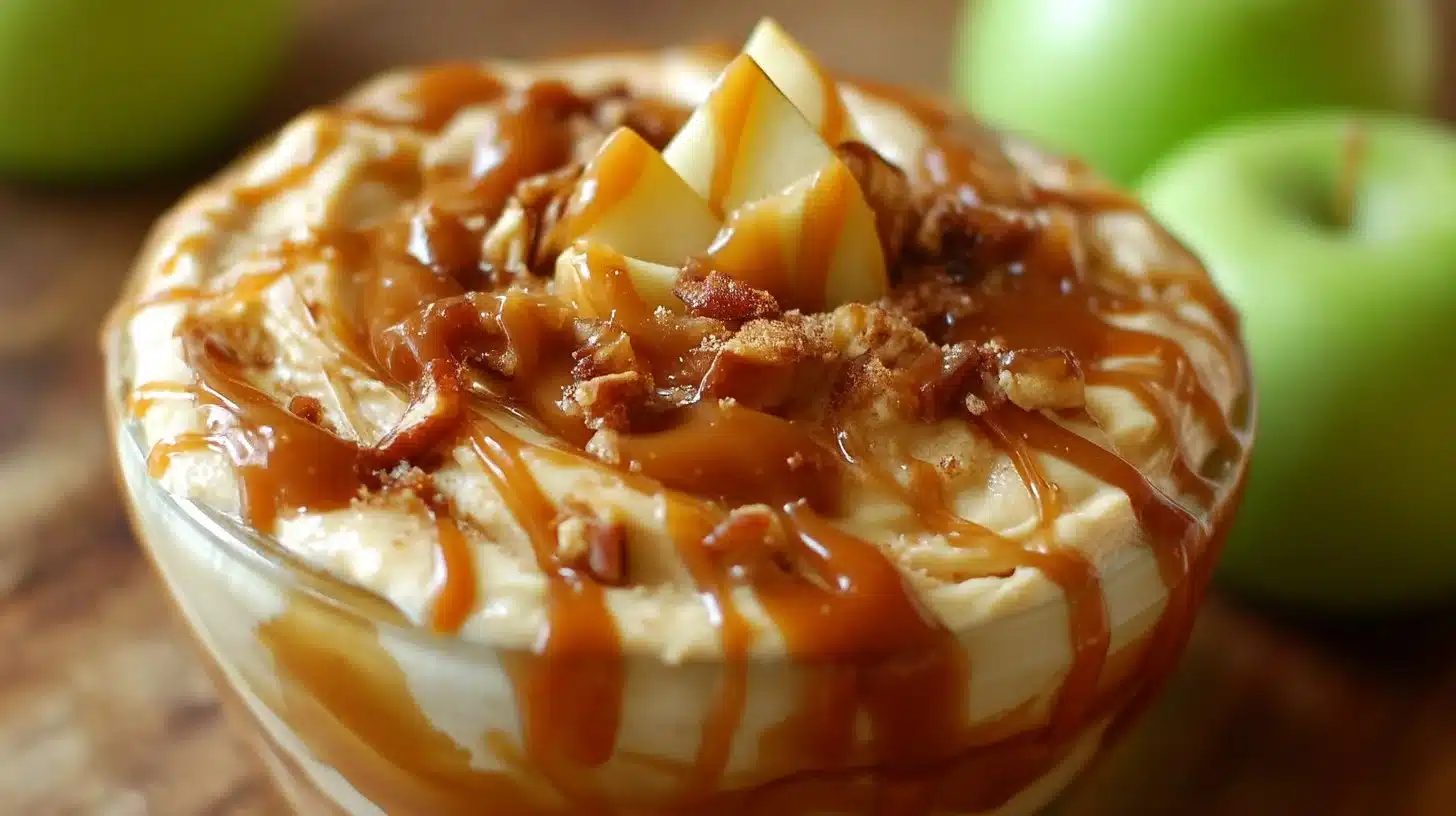 Snicker Caramel Apple Dip 1 Delicious Snicker caramel apple dip served with fresh apple slices