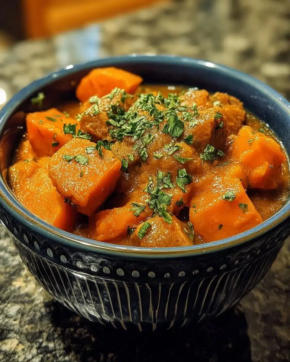 Soul-Warming Crockpot Sweet Potato & Carrot Stew 1 Soul-warming crockpot stew with sweet potatoes and carrots in a bowl