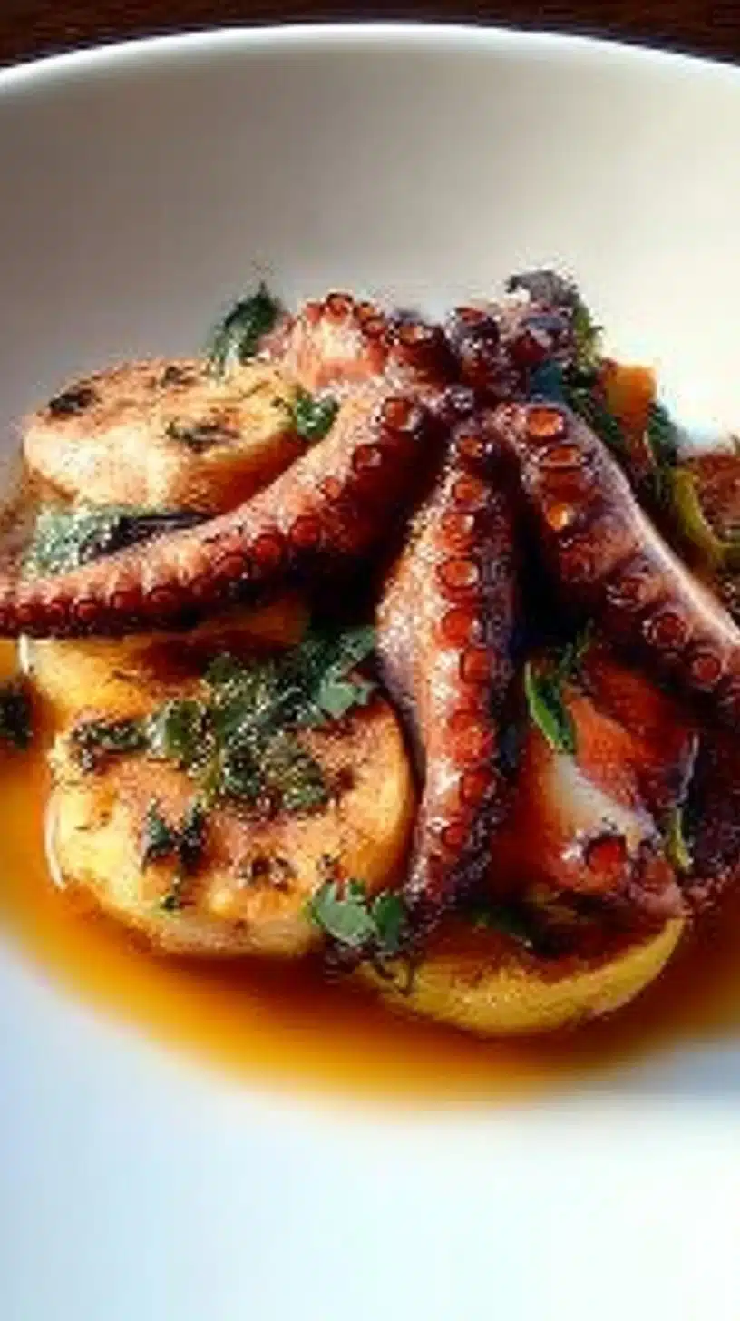 Spanish Octopus 1 Deliciously prepared Spanish octopus served with herbs and spices.