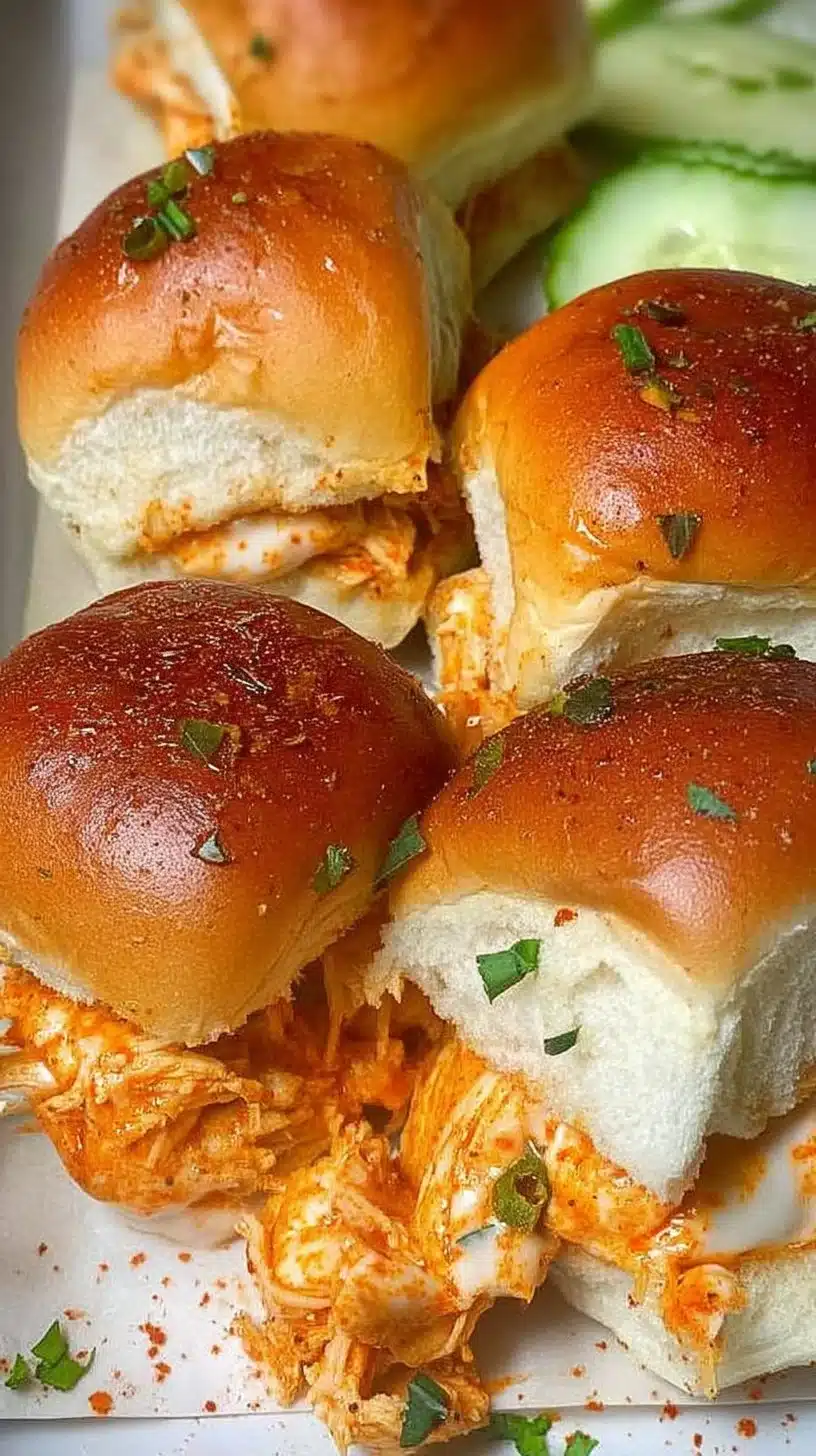 Spicy Buffalo Chicken Sliders 1 Spicy Buffalo Chicken Sliders served with dipping sauce on a platter.