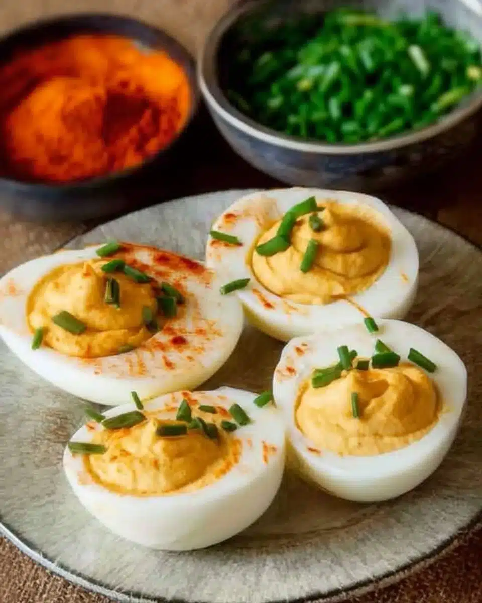 Spicy pumpkin deviled eggs served on a plate with garnishes.