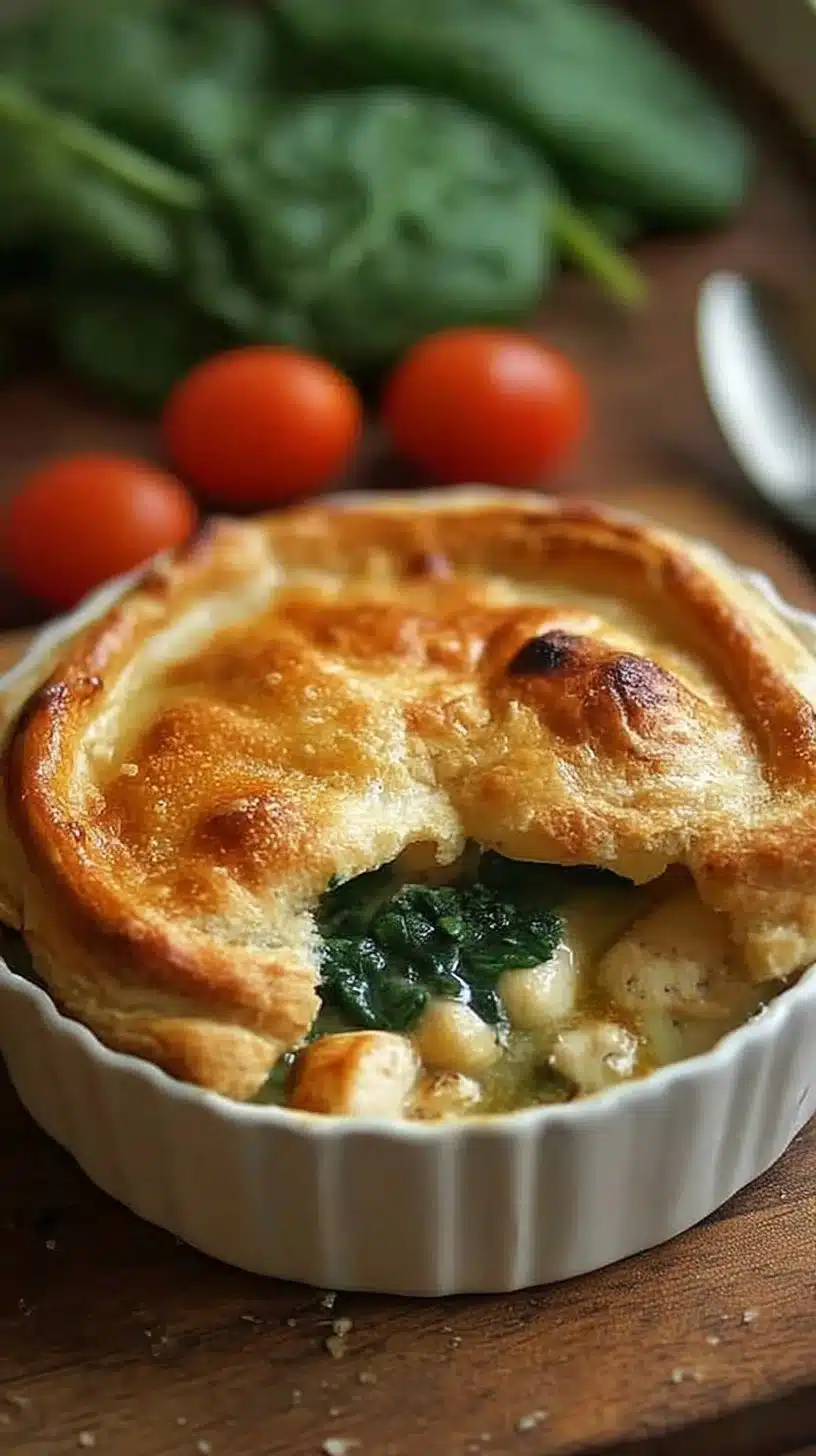 Spinach & Feta Chicken Pot Pie 1 Spinach Feta Chicken Pot Pie in a flaky crust with chicken and spinach filling