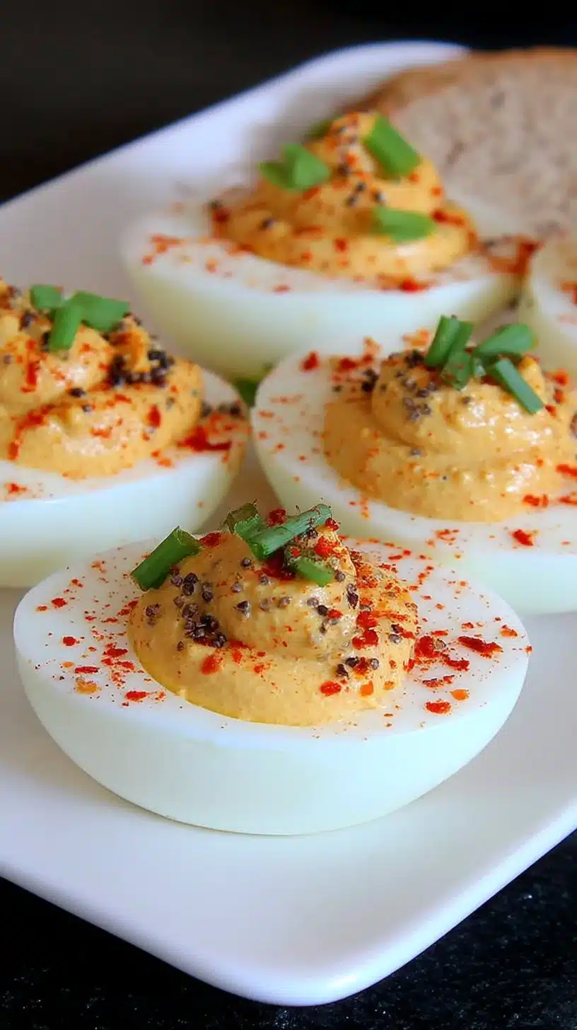 Sriracha Deviled Eggs Recipe 1 Sriracha deviled eggs served on a plate, garnished with fresh herbs.