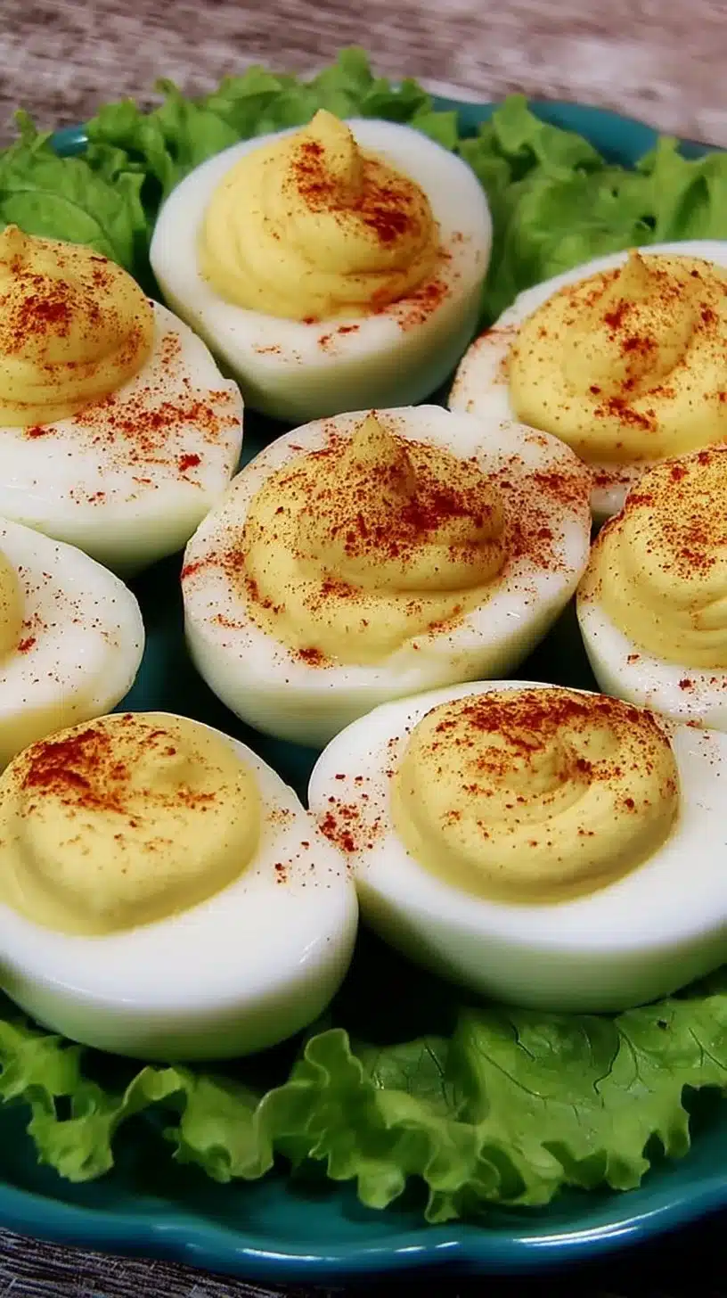 Sweet Deviled Eggs Recipe 1 Plate of sweet deviled eggs garnished with herbs.