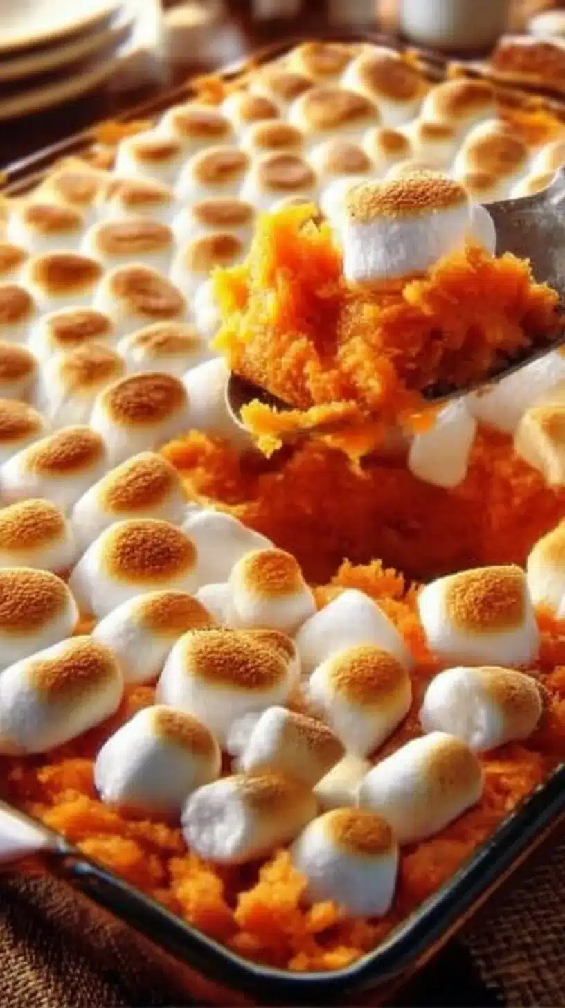 Sweet Potato Casserole with Marshmallows 1 Delicious sweet potato casserole topped with marshmallows served in a dish.