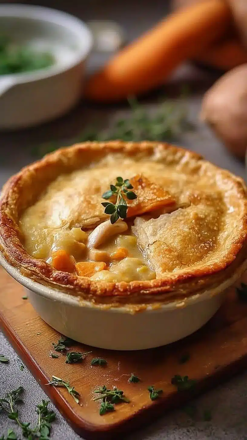 Sweet Potato Chicken Pot Pie 1 Delicious Sweet Potato Chicken Pot Pie topped with golden crust.