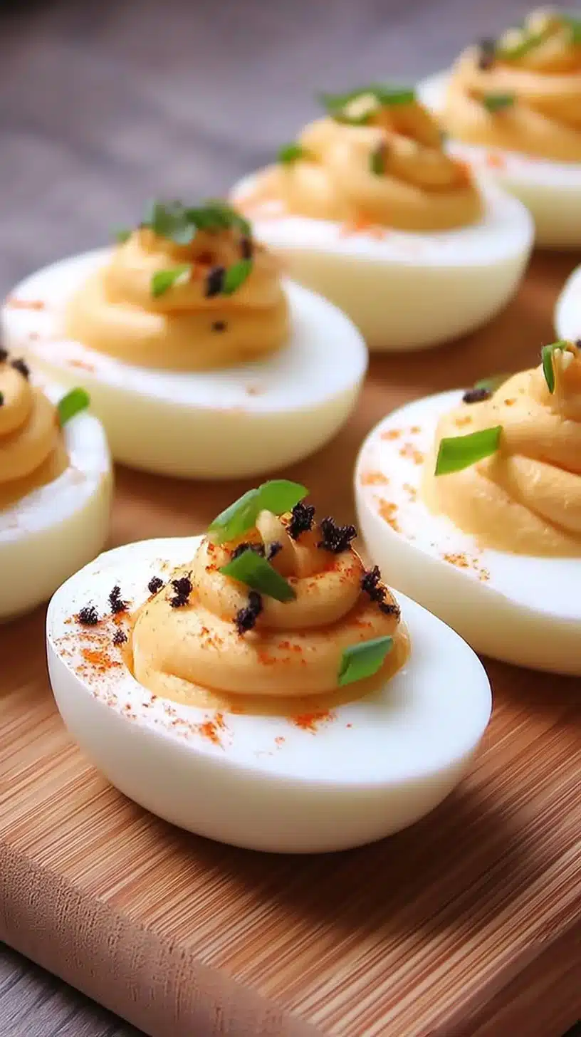Gourmet truffle deviled eggs garnished with herbs and truffle oil