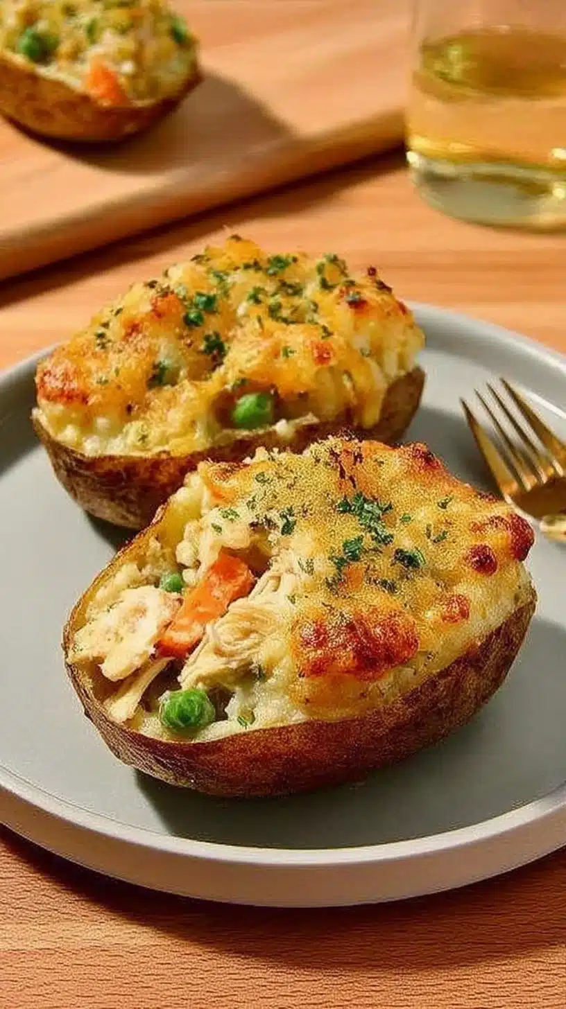Twice Baked Chicken Pot Pie Potatoes 1 Twice Baked Chicken Pot Pie Potatoes topped with creamy chicken filling and herbs