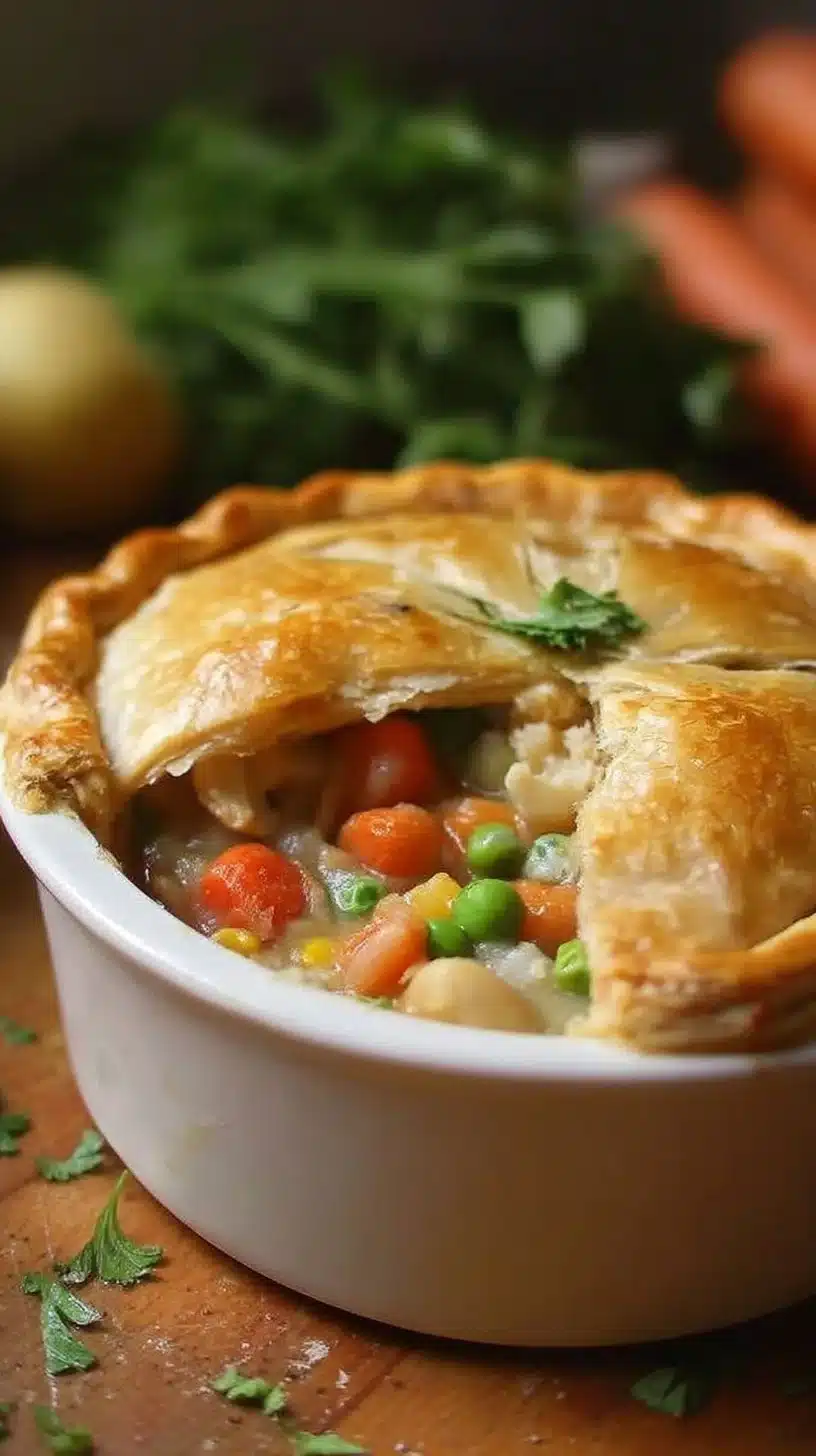 Veggie-Packed Chicken Pot Pie 1 Veggie-packed chicken pot pie with flaky crust and colorful vegetables