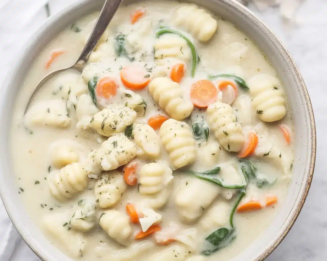 Creamy Italian Chicken Gnocchi Soup with vegetables and tender chicken