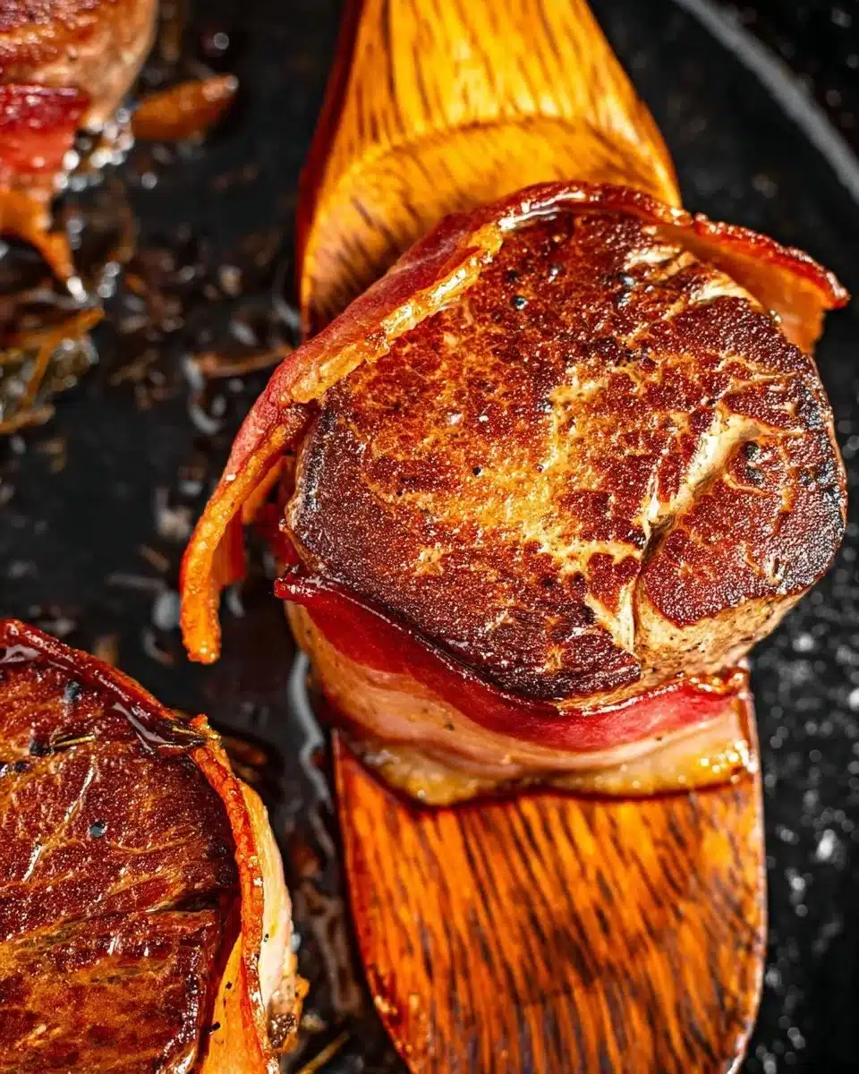 Bacon Wrapped Filet Mignon 1 Delicious bacon wrapped filet mignon garnished with herbs on a plate.