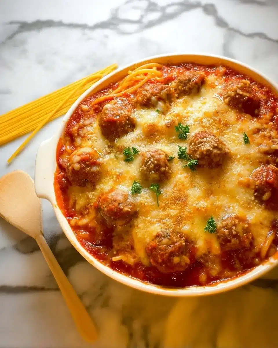 BEST Baked Spaghetti and Meatballs Recipe 1 Delicious baked spaghetti with meatballs served in a casserole dish
