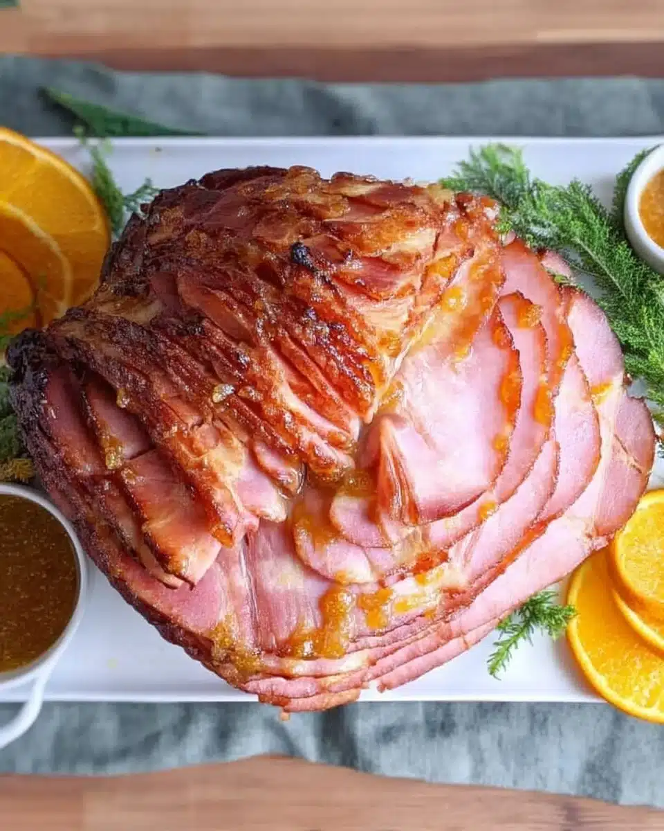 Easy Apricot Glazed Ham 1 Delicious apricot glazed ham ready to serve for a festive meal