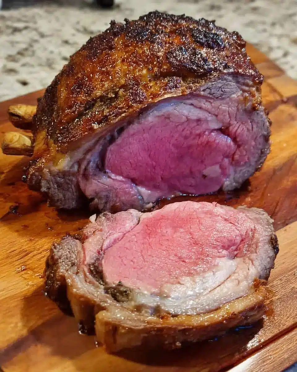 Easy Ribeye Roast (Prime Rib) 1 Perfectly cooked ribeye roast on a serving platter with garnishes