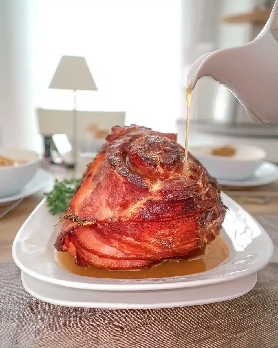 Ham with Ham Gravy 1 Delicious ham served with savory ham gravy on a plate