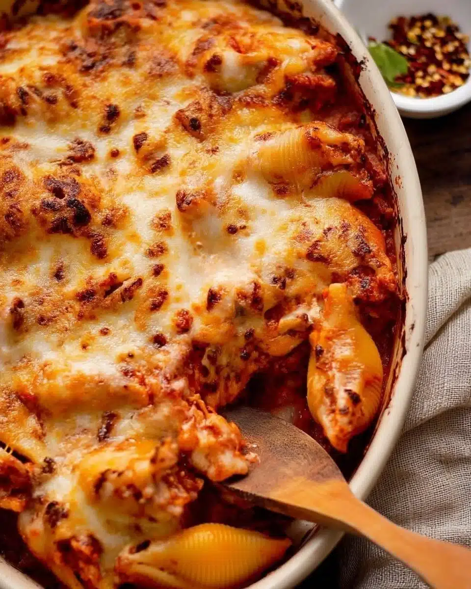 Lasagna Stuffed Shells Recipe 1 Lasagna stuffed shells filled with rich ricotta and marinara sauce, topped with cheese.