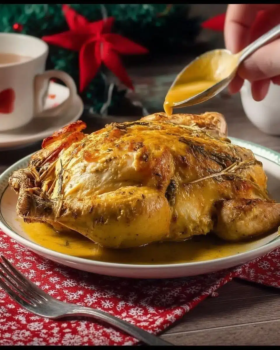 Mediterranean-Style Whole Stuffed Chicken 1 Mediterranean-style whole stuffed chicken garnished with herbs on a platter