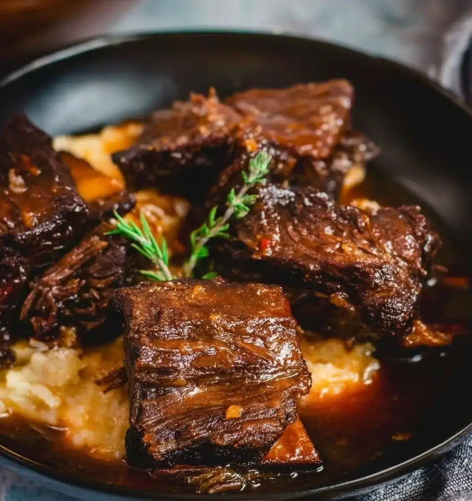 Red Wine Braised Short Ribs 1 Delicious red wine braised short ribs served on a plate with vegetables