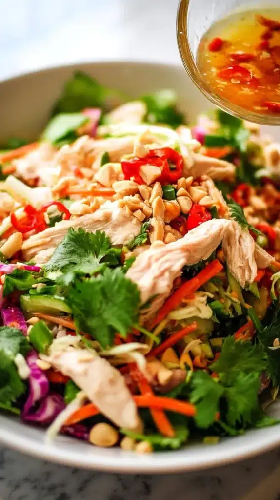 A vibrant bowl of Vietnamese Chicken Salad with fresh vegetables and herbs.