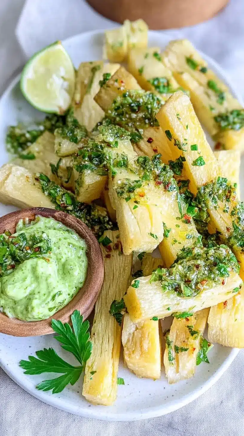 Extra Crispy and Tender Yuca Fries with Chimichurri Aioli