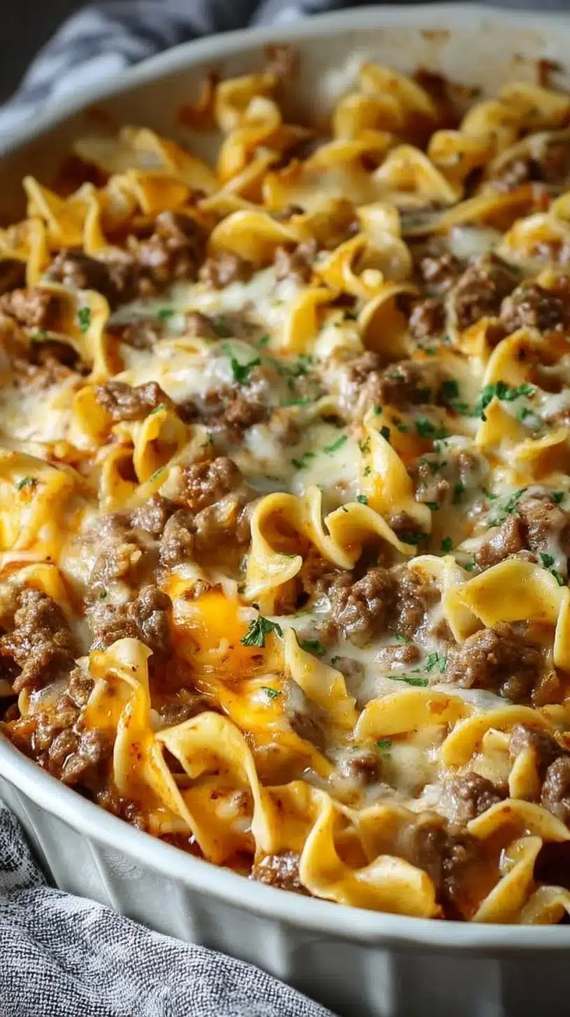 Sour Cream Beef Noodle Casserole 1 Delicious sour cream beef noodle casserole served in a baking dish.