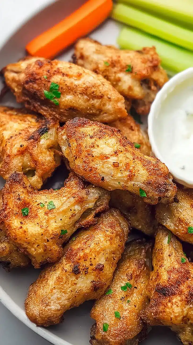 Air Fryer Chicken Wings 1 Crispy air fryer chicken wings served with dipping sauces