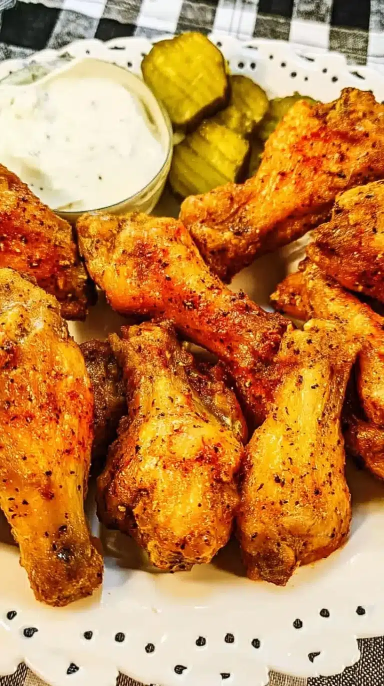 Crispy Air Fryer Nashville Hot Wings served with dipping sauce.