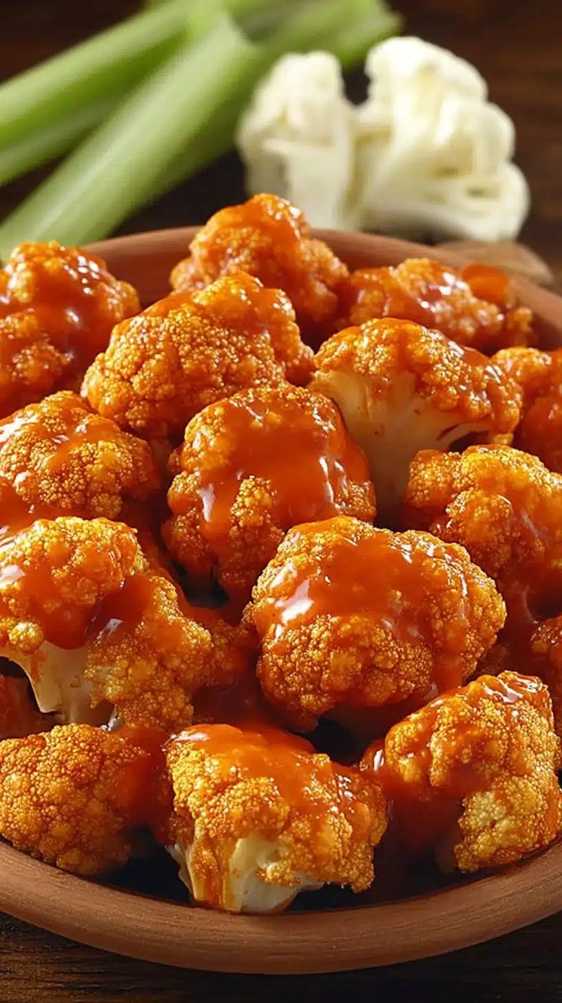 Buffalo Cauliflower Bites 1 Spicy Buffalo Cauliflower Bites served on a plate garnished with celery.
