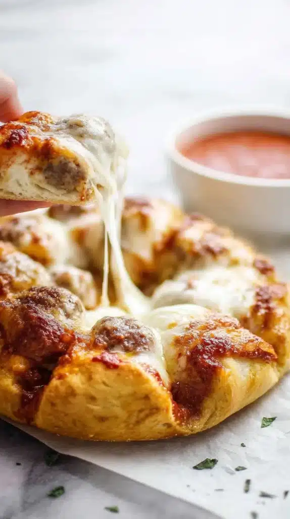 Cheesy Meatball Pull-Apart Pizza Ring with melted cheese and meatballs