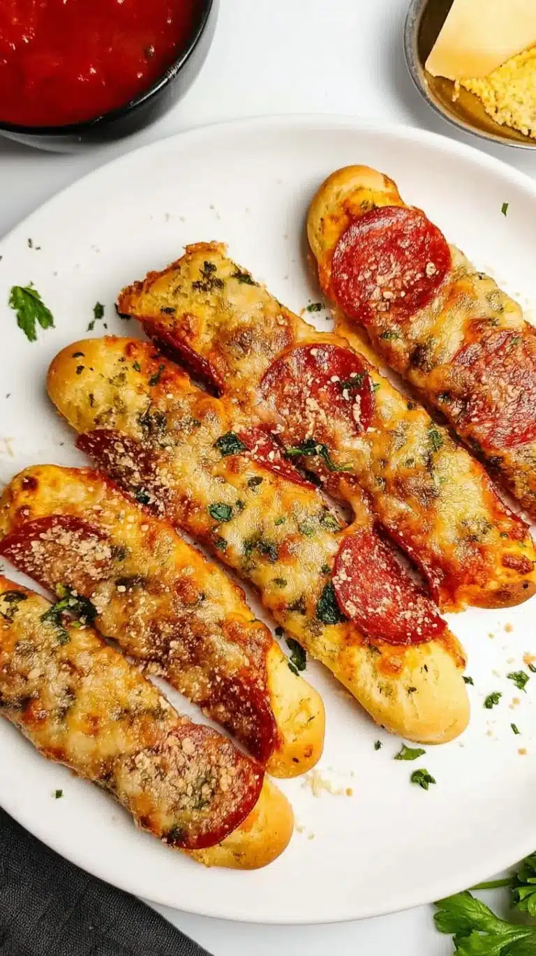 Cheesy pepperoni pizza sticks served with marinara sauce for dipping