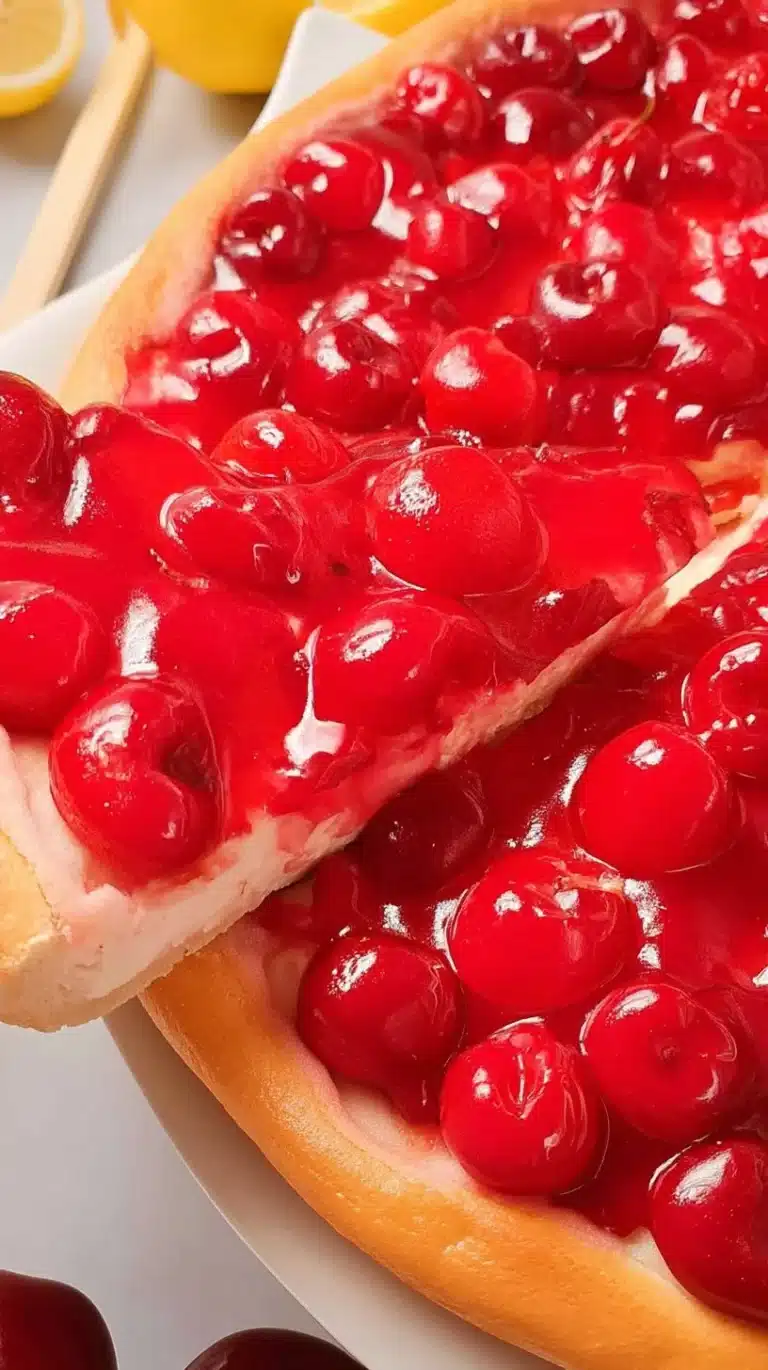 Cherry Cheesecake Pizza topped with fresh cherries and cream cheese
