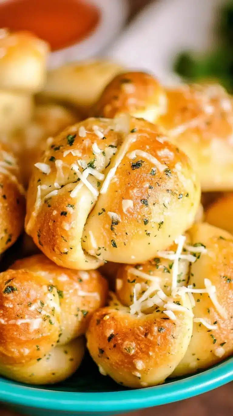 Golden brown garlic knots drizzled with garlic butter and parsley