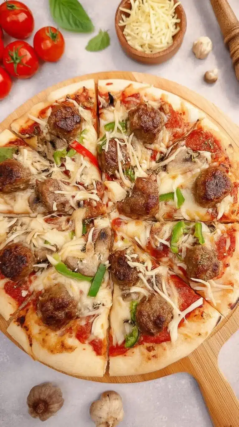 Delicious Italian meatball pizza topped with sauce and cheese