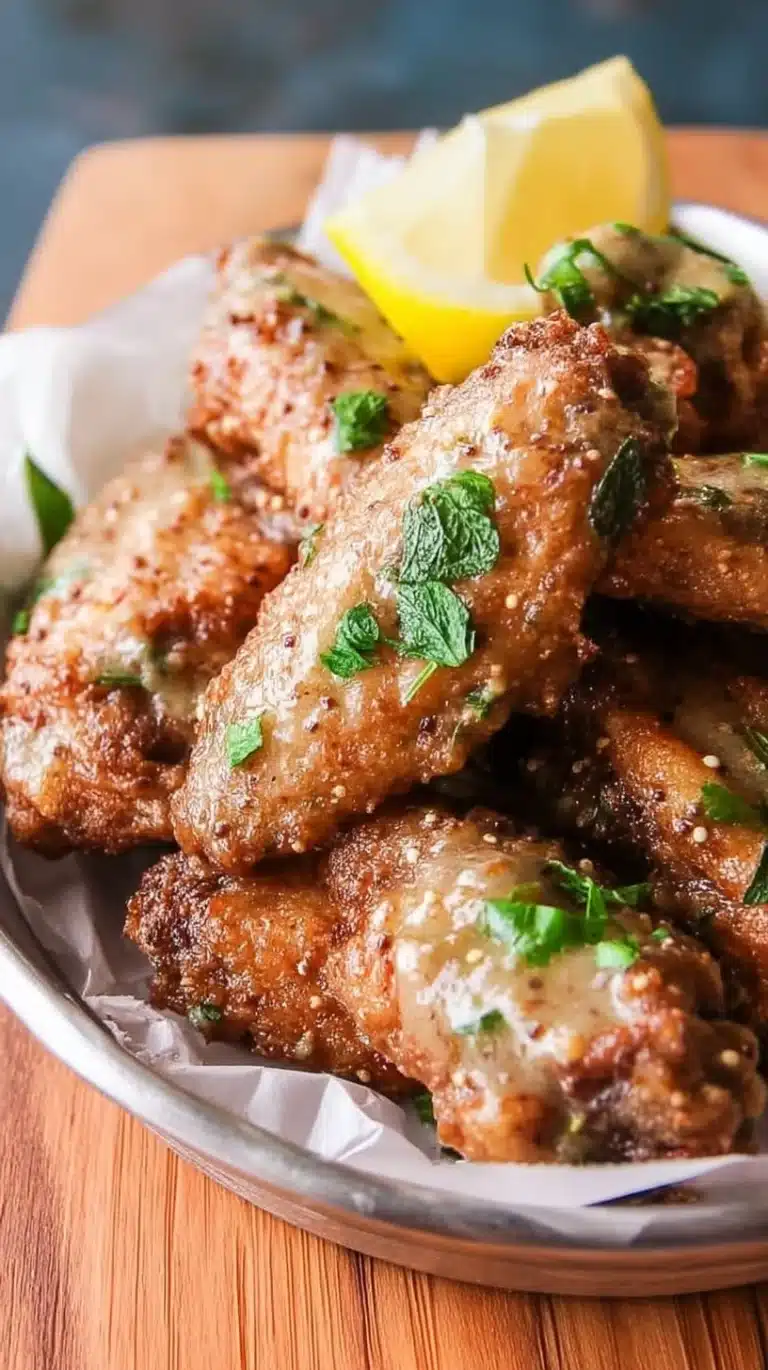 Delicious plate of Lemon Pepper Wet Wings garnished with fresh herbs.