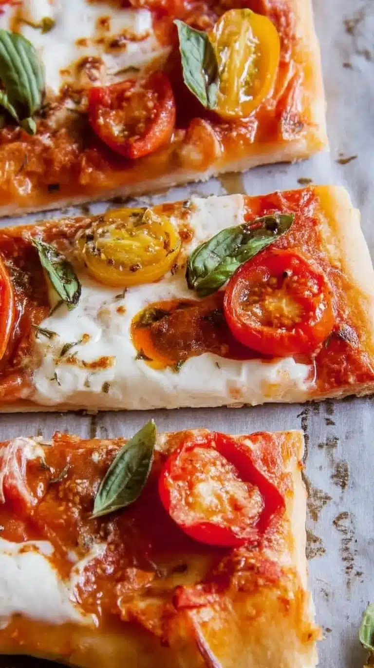 Homemade Margherita Sheet Pan Pizza with fresh basil and mozzarella