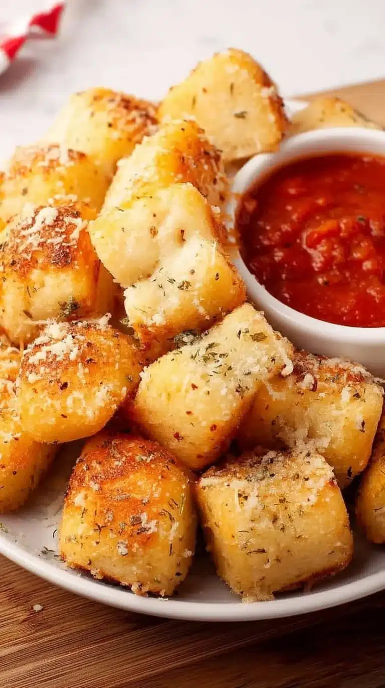 Golden brown Parmesan bread bites served on a platter.