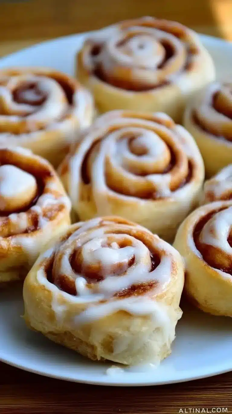 Freshly baked Pizza Dough Cinnamon Rolls with icing and cinnamon sugar