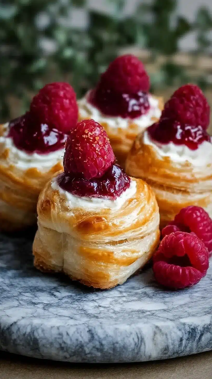 Romantic Raspberry Brie Bites 1 Romantic Raspberry Brie Bites served on a platter with fresh raspberries.
