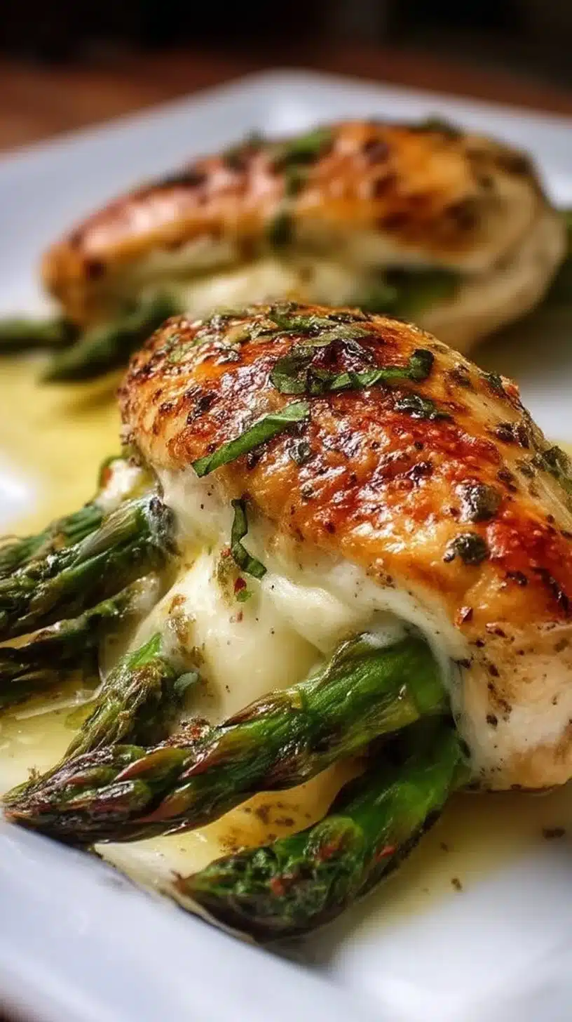 Asparagus Stuffed Chicken Breast 1 Asparagus stuffed chicken breast garnished with herbs on a plate