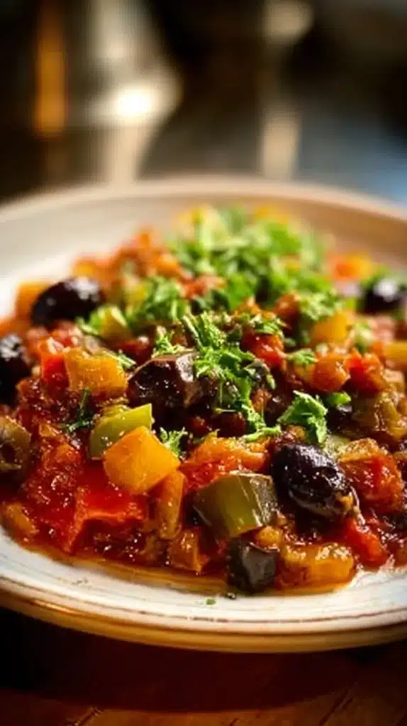 Authentic Sicilian Caponata dish featuring eggplant and vegetables.