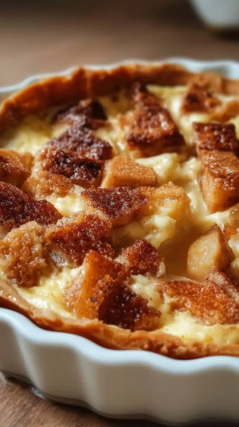 Slice of delicious bread pudding pie topped with caramel sauce