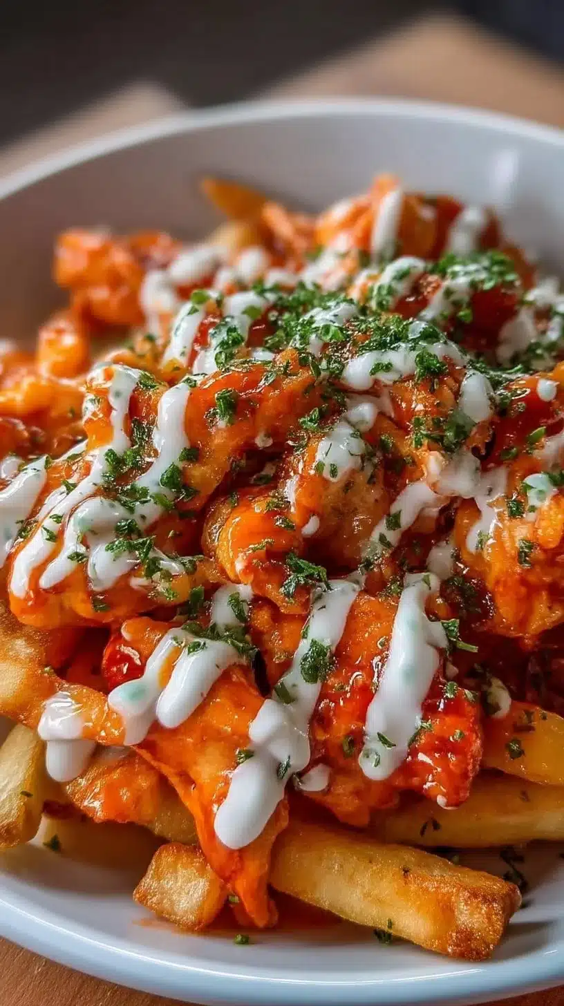 Plate of Buffalo Chicken Fries topped with spicy chicken and drizzled with ranch sauce