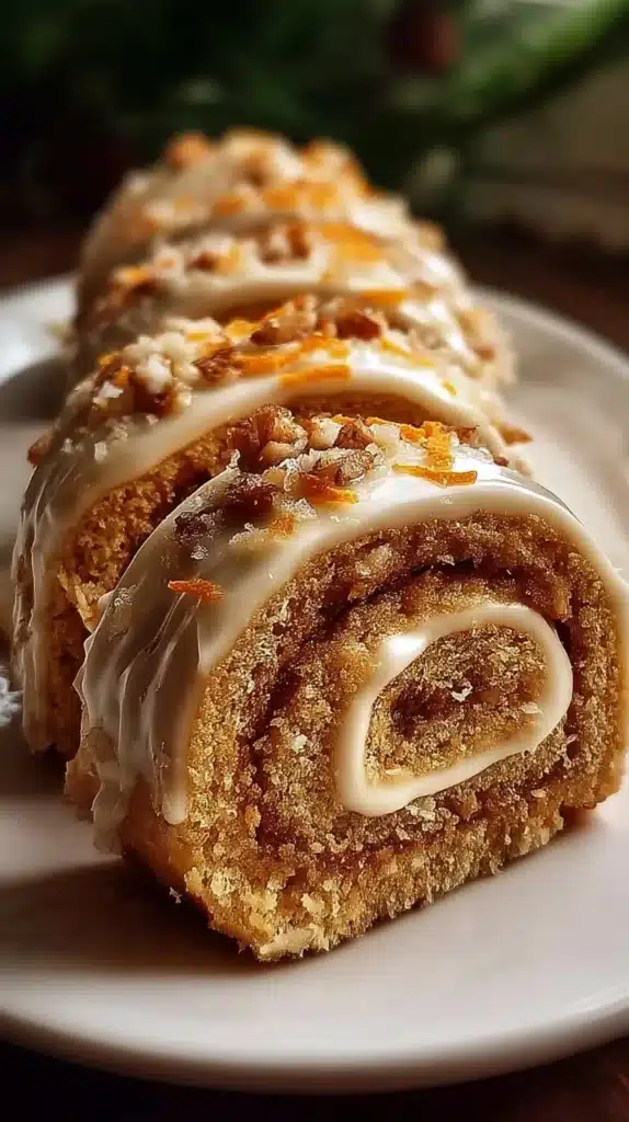 Delicious carrot cake rolls with cream cheese frosting on a plate