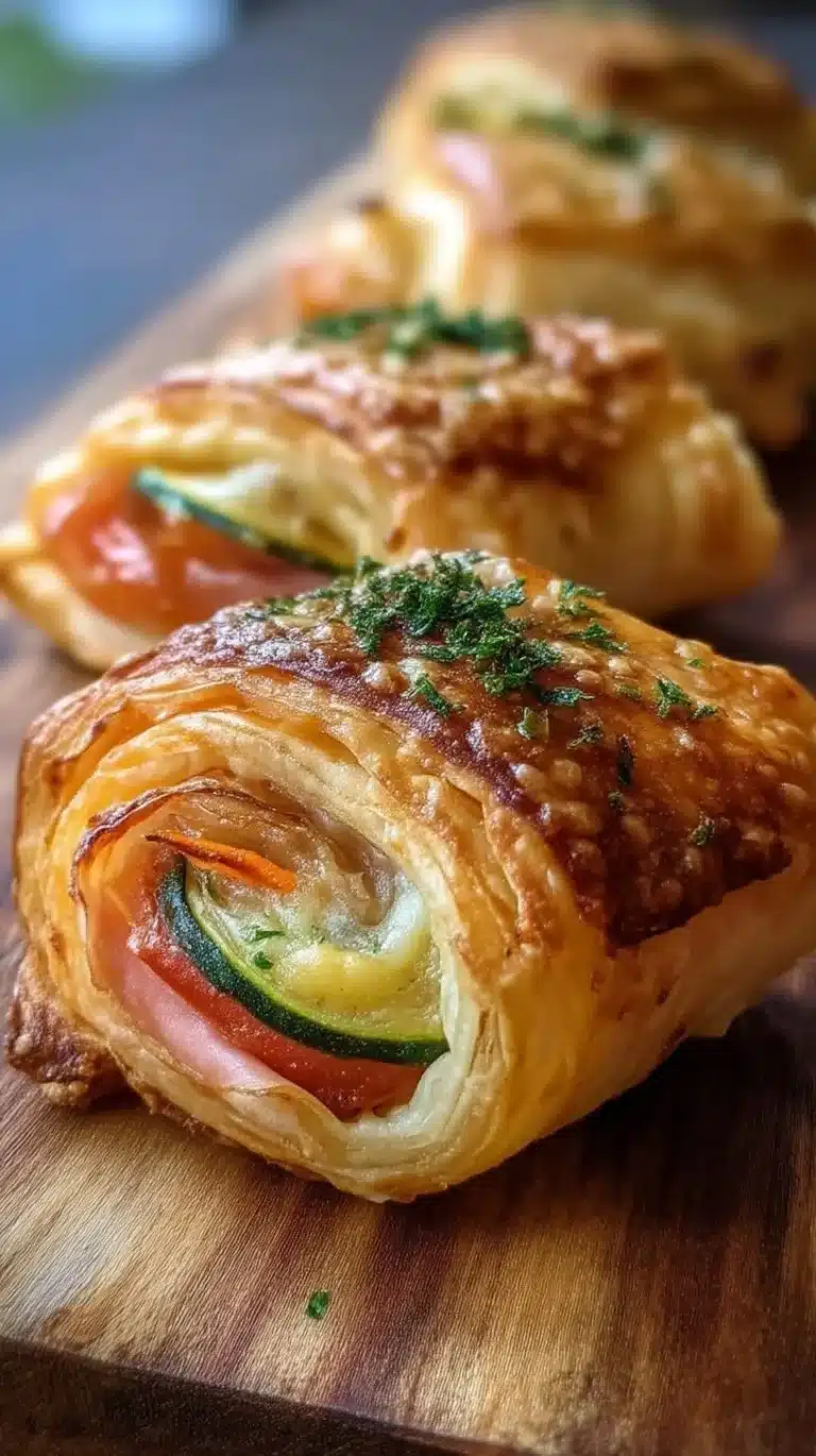 Cheese, veggie, and prosciutto pastry roll ups on a plate