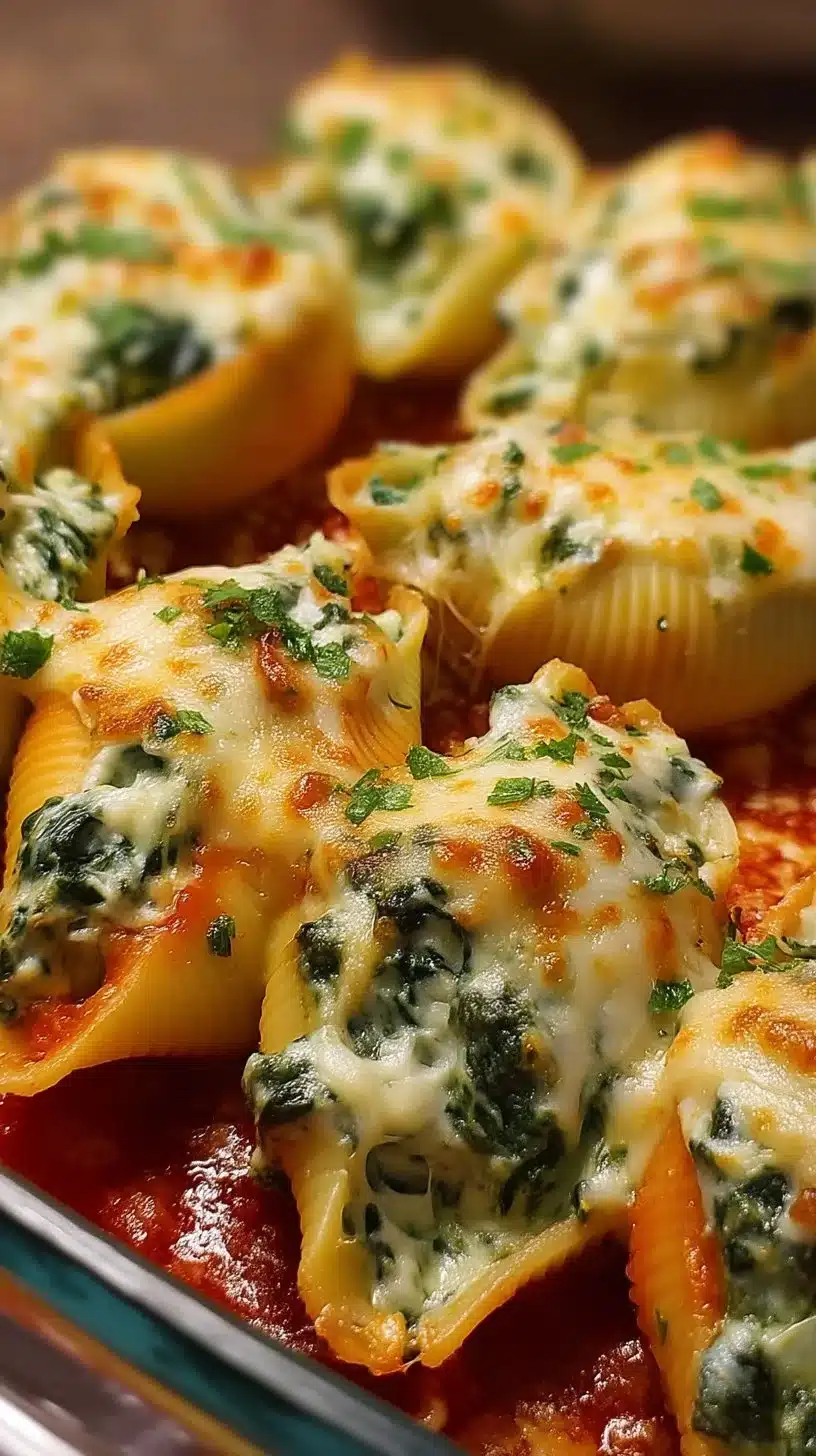 Cheesy Spinach Stuffed Shells 1 Cheesy spinach stuffed shells served on a plate, garnished with herbs
